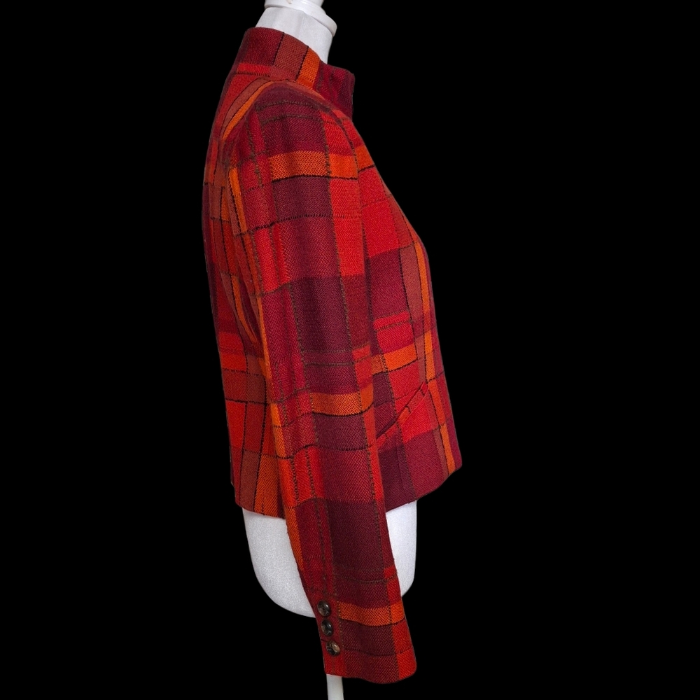 Vintage Carlisle Plaid Red Orange Cropped Long Sleeve Wool Jacket Women Size 2 - Picture 7 of 16